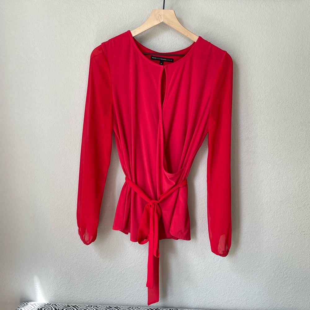White House Black Market Red Long Sleeve Wrap Shirt